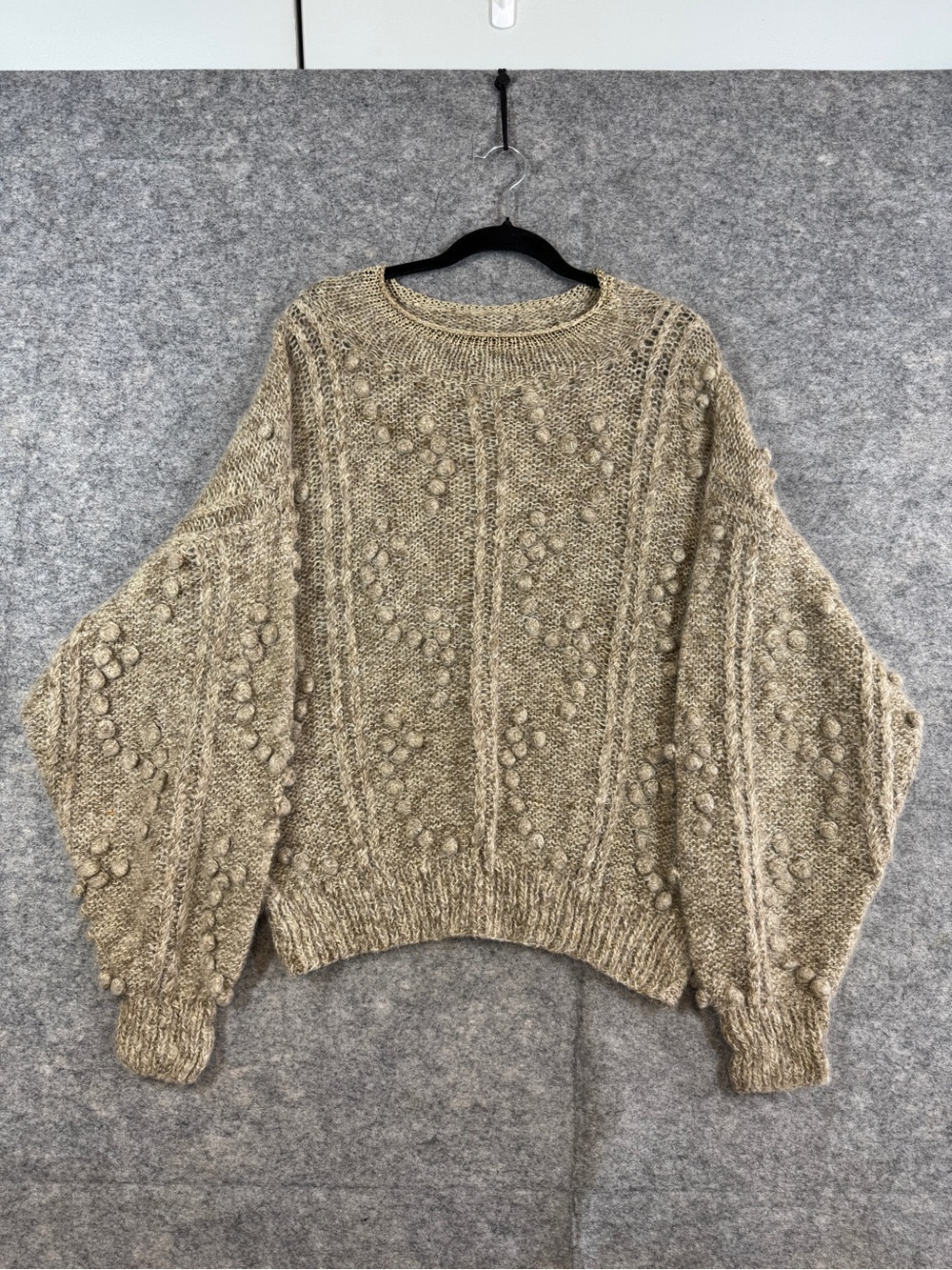 Vintage Hand Knit Chunky Sweater Oatmeal Bobble Cable Fisherman Cottagecore